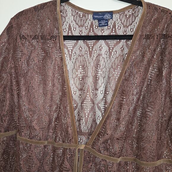 Vintage Lace Cardigan Kimono Top Sz 18/20 Medium Brown Fringe Boho Hippie USA - Picture 3 of 16